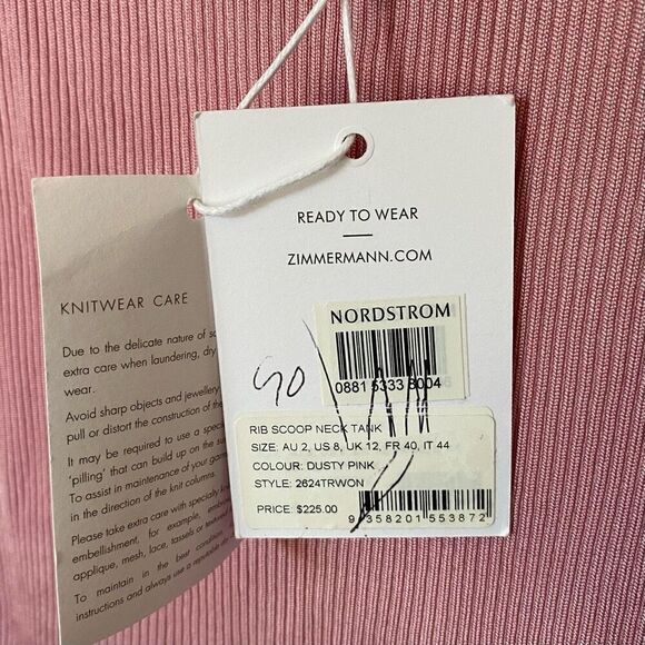 Zimmermann Pink Ribbed Knit Scoop Neck Tank Top NWT Size AU 2/US 8 Medium - Picture 4 of 6